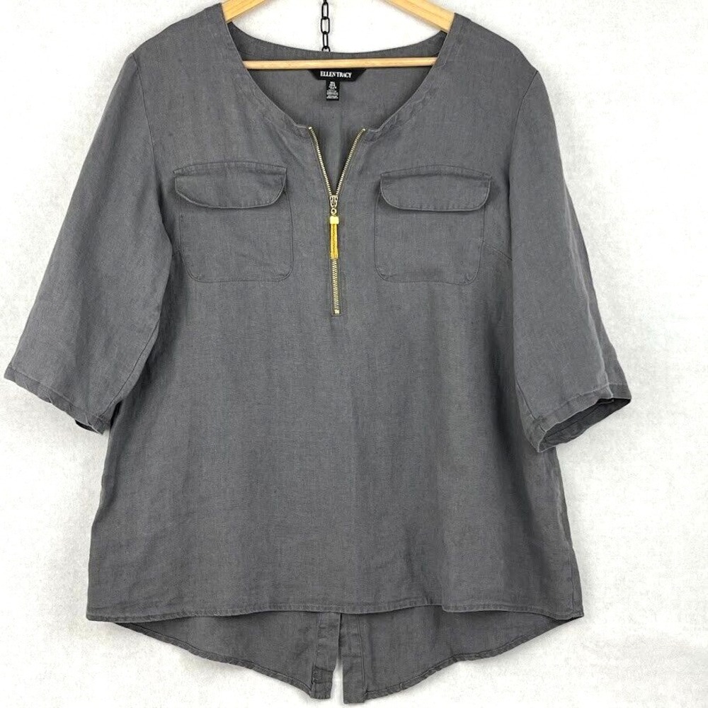 Ellen Tracy Women's Gray 1/2 Zip Roll-Tab Sleeve 100% Linen Tunic Blouse Size L‎